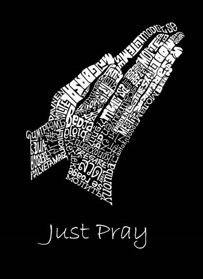 LetterImageExample_Just Pray multi languages.jpg - Designs on various apparel are only available thru LAPop (http://www.lapopart.com ).